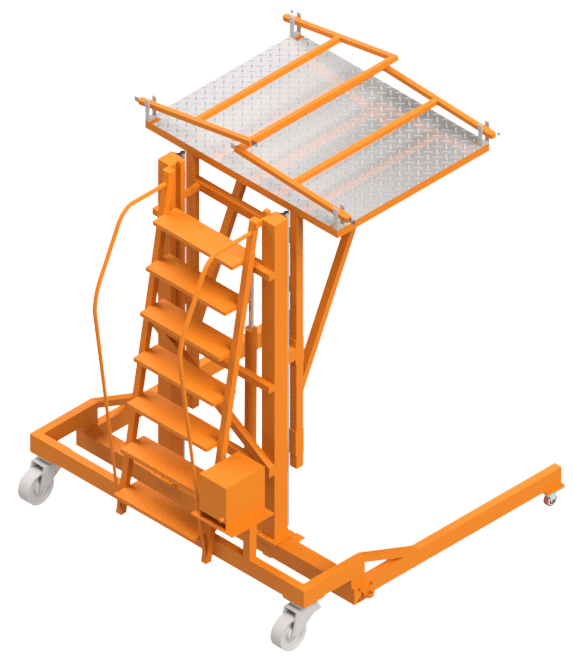 Hydraulic stair platform physical reference photos and CAD model views